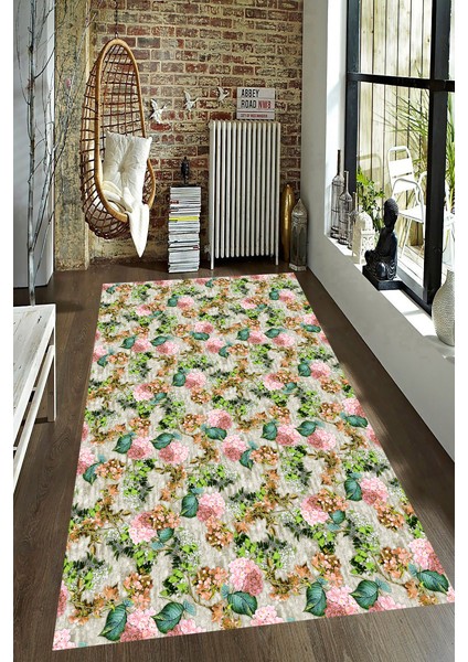Kaymaz Dot Taban Yıkanabilir Dijital Baskı Minik Pembe Çiçekler ve Yaprak Desenli Salon Halısı 80 x 100