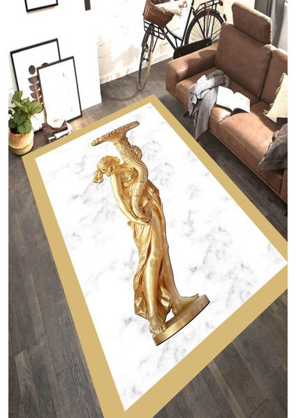 Kaymaz Dot Taban Yıkanabilir Dijital Baskı Mermer Zemin Gold Detay Heykel Desenli Salon Halısı 80 x 100
