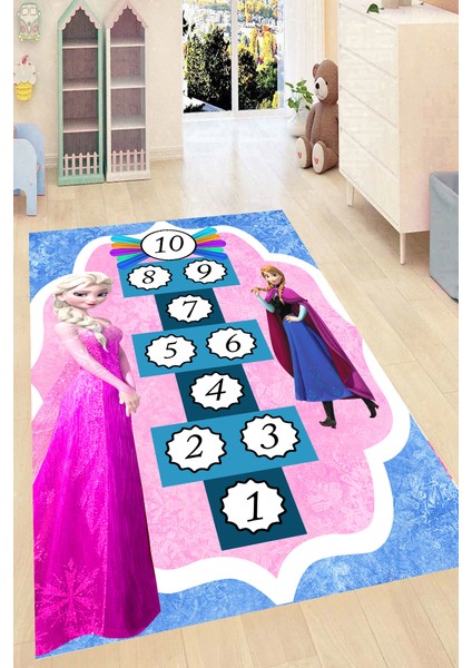 Kaymaz Dot Taban Yıkanabilir Dijital Baskı Özel Tasarım Elsa ve Anna Seksek Desenli Çocuk Halısı 80 x 100