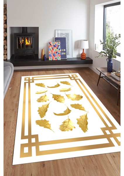 Kaymaz Dot Taban Yıkanabilir Dijital Baskı Portre Yaprak Desenli Salon Halısı 80 x 250