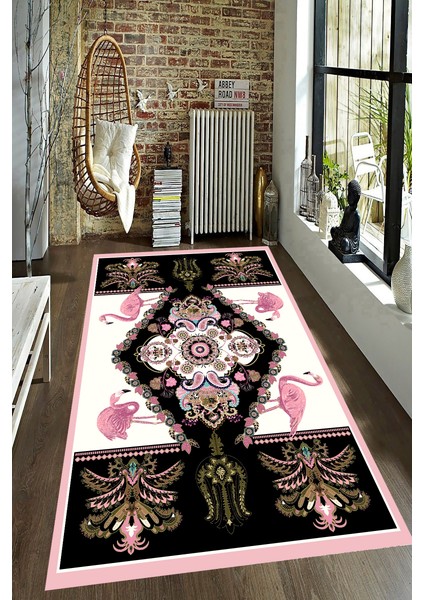 Kaymaz Dot Taban Yıkanabilir Dijital Baskı Modernize Osmanlı Motifli ve Flamingo Desenli Salon Halısı 200 x 300