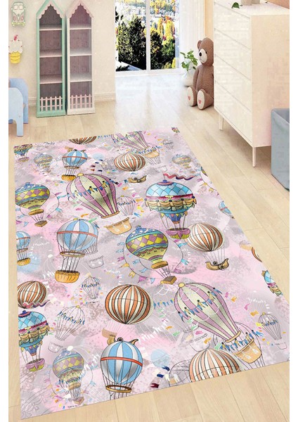 Kaymaz Dot Taban Yıkanabilir Dijital Baskı Renkli Uçan Balonlar Desenli Çocuk Halısı 80 x 100