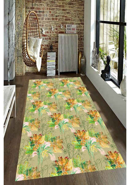 Kaymaz Dot Taban Yıkanabilir Dijital Baskı Kurumuş Yapraklar Desenli Salon Halısı 80 x 100