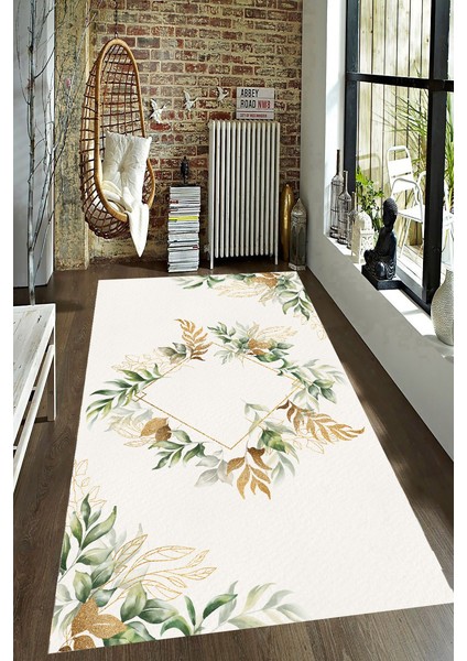 Kaymaz Dot Taban Yıkanabilir Dijital Baskı Beyaz Zemin Gold Geometrik Detaylı Salon Halısı 100 x 600