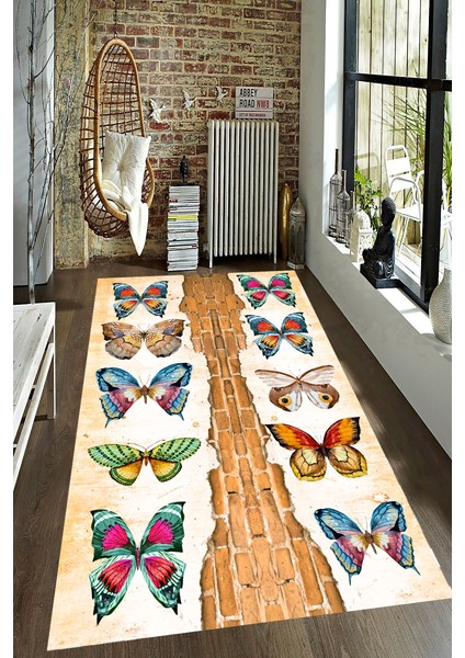 Kaymaz Dot Taban Yıkanabilir Dijital Baskı Tuğla Duvar Kelebek Desenli Salon Halısı 80 x 100