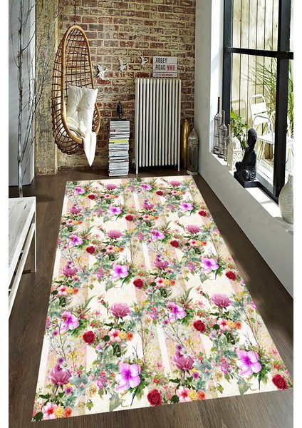 Kaymaz Dot Taban Yıkanabilir Dijital Baskı Baklava Çiçek Motifleri Desenli Salon Halısı 80 x 200