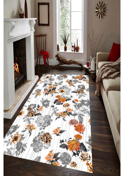 Kaymaz Dot Taban Yıkanabilir Dijital Baskı Oranj Detay Çiçekler Salon Halısı 80 x 250