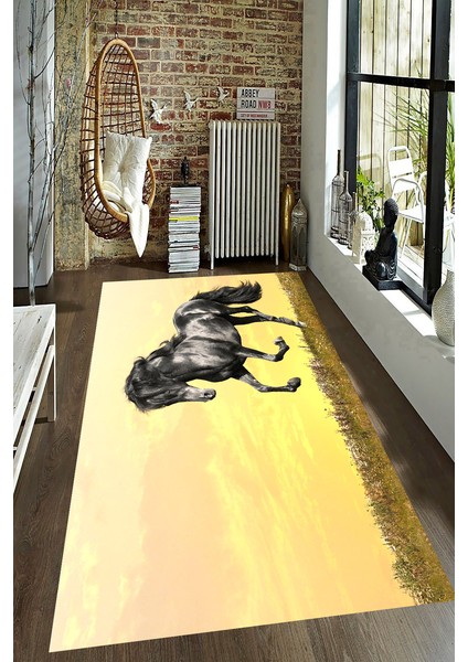 Kaymaz Dot Taban Yıkanabilir Dijital Baskı Özgür At Desenli Salon Halısı 80 x 100