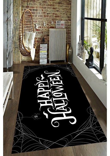 Kaymaz Dot Taban Yıkanabilir Dijital Baskı Cadılar Bayramı Temalı Salon Halısı 80 x 200