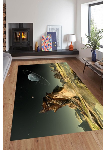 Kaymaz Dot Taban Yıkanabilir Dijital Baskı Gizemli Gezegen Desenli Salon Halısı 80 x 100