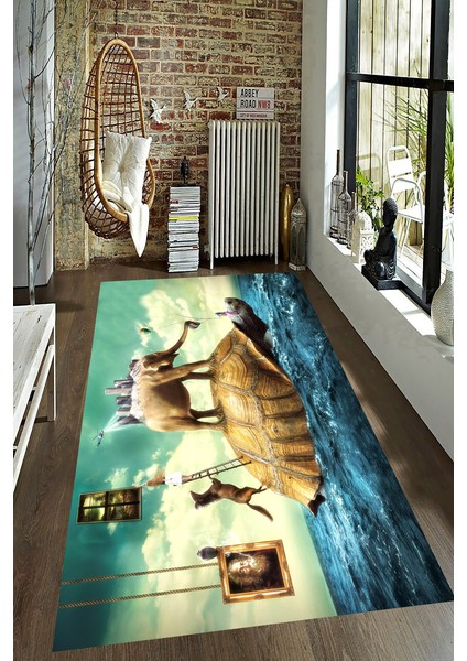Kaymaz Dot Taban Yıkanabilir Dijital Baskı Kaplumbağa ve Fil Desenli Salon Halısı 80 x 100