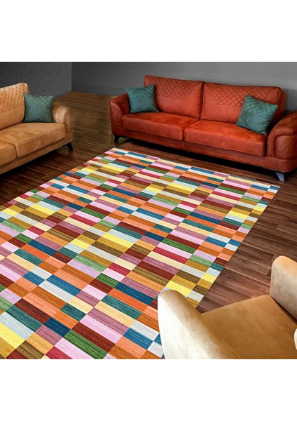 Kaymaz Dot Taban Yıkanabilir Dijital Baskı Renkli Dikdörtgen Salon Halısı 80 x 200