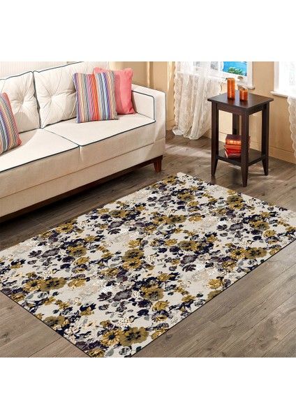 Kaymaz Dot Taban Yıkanabilir Dijital Baskı Çiçekli Metraj Desenli Salon Halısı 80 x 100