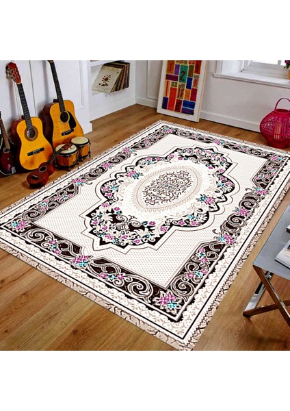 Kaymaz Dot Taban Yıkanabilir Dijital Baskı Özel Tasarım Çiçek Desenli Salon Halısı 80 x 100