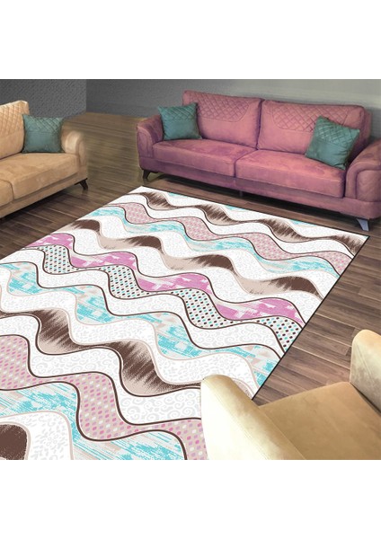 Kaymaz Dot Taban Yıkanabilir Dijital Baskı Renkli Dalga Desenli Salon Halısı 180 x 280