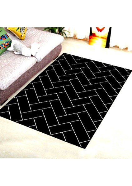 Kaymaz Dot Taban Yıkanabilir Dijital Baskı Siyah Parke Desenli Salon Halısı 80 x 200