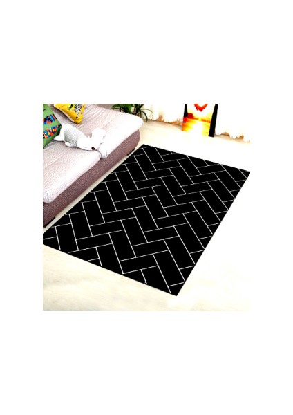 Kaymaz Dot Taban Yıkanabilir Dijital Baskı Siyah Parke Desenli Salon Halısı 80 x 200