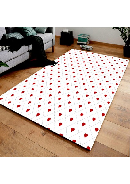 Kaymaz Dot Taban Yıkanabilir Dijital Baskı Simetrik Kalp Desenli Salon Halısı 80 x 100