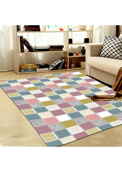 Kaymaz Dot Taban Yıkanabilir Dijital Baskı Renkli Kare Desenli Salon Halısı 80 x 100
