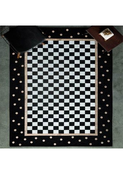 Kaymaz Dot Taban Yıkanabilir Dijital Baskı Dama Desenli Salon Halısı 180 x 280