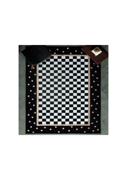 Kaymaz Dot Taban Yıkanabilir Dijital Baskı Dama Desenli Salon Halısı 180 x 280