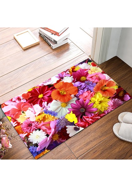 Kaymaz Dot Taban Yıkanabilir Dijital Baskı Çiçek Aranjman Desenli Salon Halısı 80 x 100