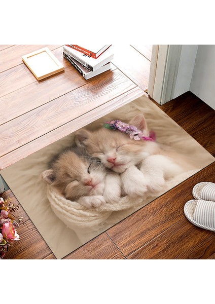 Kaymaz Dot Taban Yıkanabilir Dijital Baskı Kardeş Kediler Desenli Salon Halısı 80 x 100