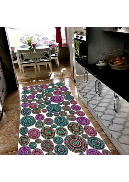 Kaymaz Dot Taban Yıkanabilir Dijital Baskı Renkli Dantel Desenli Mutfak Halısı 80 x 600