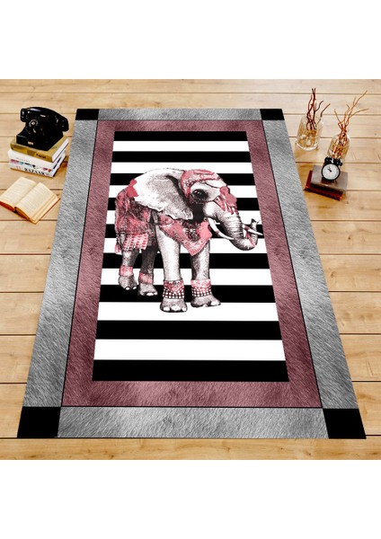 Kaymaz Dot Taban Yıkanabilir Dijital Baskı Mor Süslü Fil Desenli Salon Halısı 180 x 280