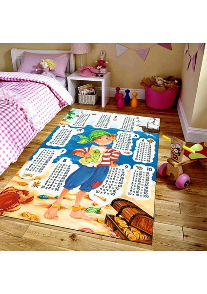 Kaymaz Dot Taban Yıkanabilir Dijital Baskı Define Adası Desenli Çocuk Halısı 80 x 100