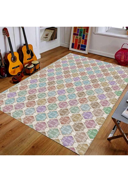 Kaymaz Dot Taban Yıkanabilir Dijital Baskı Eskitme Geometrik Desenli Salon Halısı 80 x 200