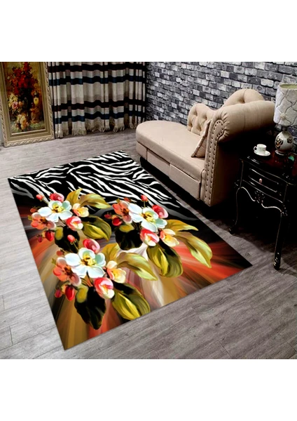 Kaymaz Dot Taban Yıkanabilir  Dijital Baskı Çiçekli Zebra Desenli Salon Halısı 140 x 200