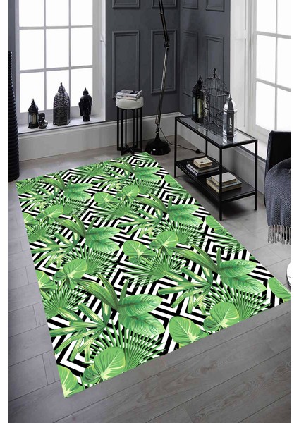 Kaymaz Dot Taban Yıkanabilir Dijital Baskı Palmiye Yaprak Desenli Salon Halısı 80 x 200
