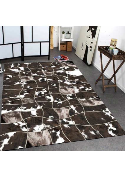 Kaymaz Dot Taban Yıkanabilir Dijital Baskı Asimetrik Çizgi Desenli Salon Halısı 80 x 200