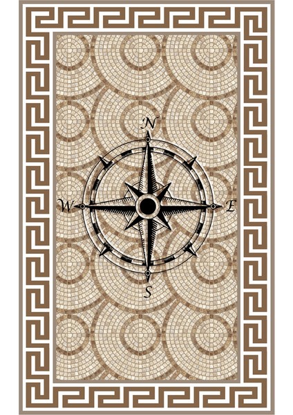 Kaymaz Dot Taban Yıkanabilir Dijital Baskı Pusula Desenli Salon Halısı 100 x 600