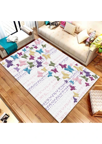 Kaymaz Dot Taban Yıkanabilir  Dijital Baskı Kelebek Dünyası Desenli Salon Halısı 140 X 250