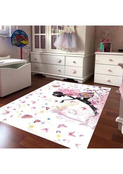 Kaymaz Dot Taban Yıkanabilir Dijital Baskı Peri Kızı Ve Kelebek Desenli Çocuk Halısı 80 x 100