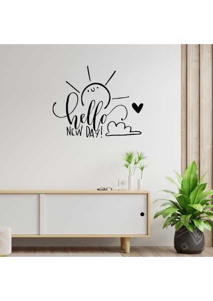 - El Yazısı ile Sevimli Hello New Day Duvar Yazısı Sticker 60X48CM - Siyah