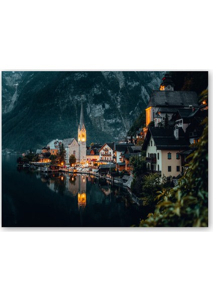 Ahşap Tablo Avusturya Hallstatt Akşamüzeri Manzarası