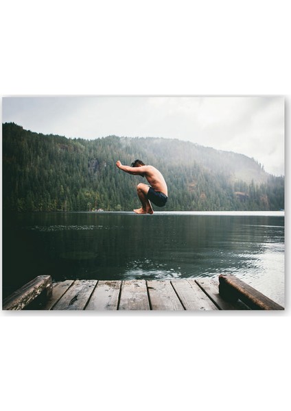 Ahşap Tablo Göl Orman İskele ve Atlayış Yapan Adam