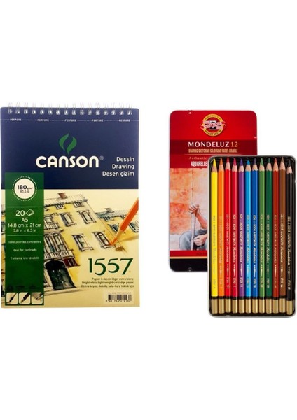 Koh-I Noor Mondeluz Aquarell Boya Kalemi Seti 12 Renk + Canson Eskiz Çizim Defteri 180 Gr. A5 20 Sayfa