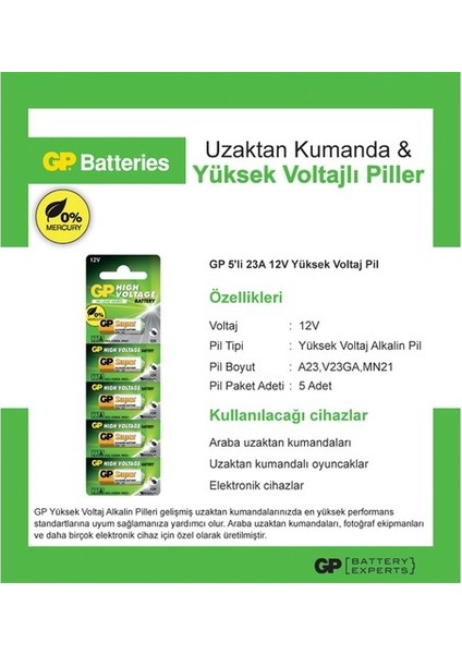 23A 12V Pil Alkalin Yüksek Voltaj 5'li Paket