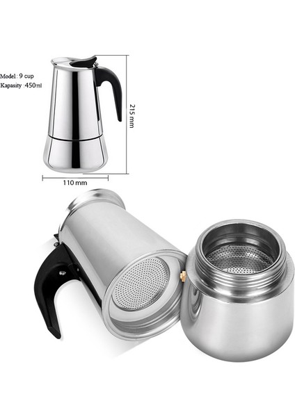 Paslanmaz Çelik Ocak Üstü 9 Cup Fincan Moka Pot Espresso CIN285-9