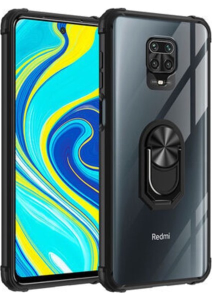 Xiaomi Redmi Note 9s Kapak Şeffaf Yüzüklü Kenar Korumalı Standlı Kılıf - Siyah