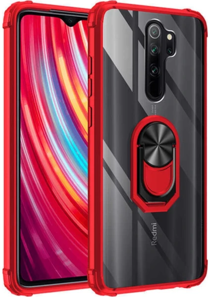 Xiaomi Redmi Note 8 Pro Kapak Şeffaf Yüzüklü Kenar Korumalı Standlı Kılıf - Kırmızı