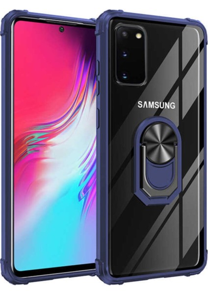 Samsung Galaxy S20 Kapak Şeffaf Yüzüklü Kenar Korumalı Standlı Kılıf - Lacivert