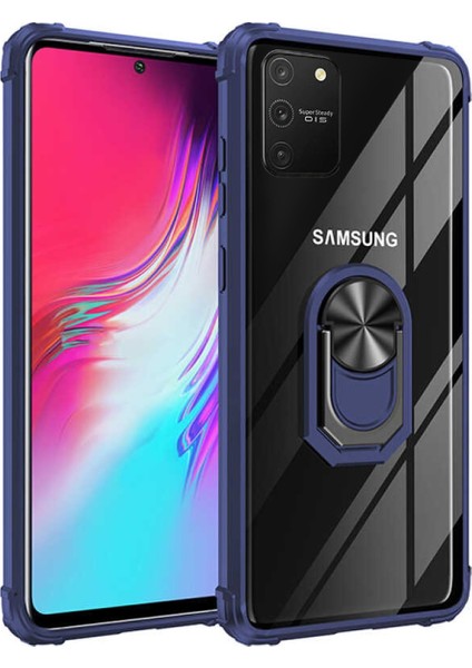 Samsung Galaxy S10 Lite Kapak Şeffaf Yüzüklü Kenar Korumalı Standlı Kılıf - Lacivert