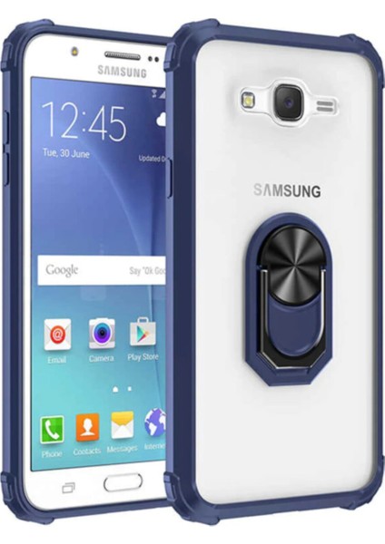 Samsung Galaxy J7 Prime 2 Kapak Şeffaf Yüzüklü Kenar Korumalı Standlı Kılıf - Lacivert