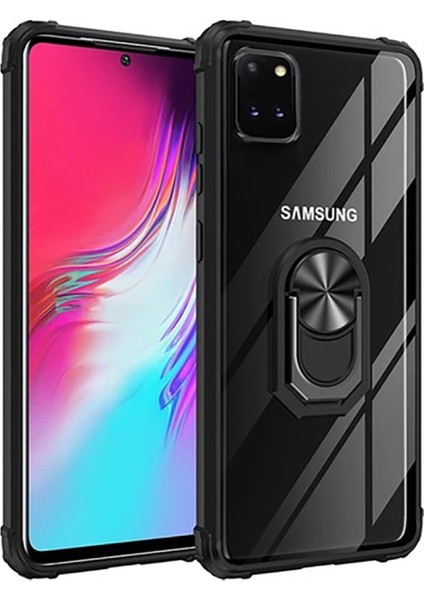 Samsung Galaxy A81 Kapak Şeffaf Yüzüklü Kenar Korumalı Standlı Kılıf - Siyah