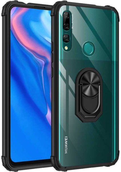 Huawei Y9 Prime 2019 Kapak Şeffaf Yüzüklü Kenar Korumalı Standlı Kılıf - Siyah